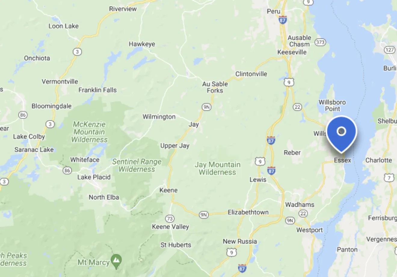 The town of Willsboro on a map.